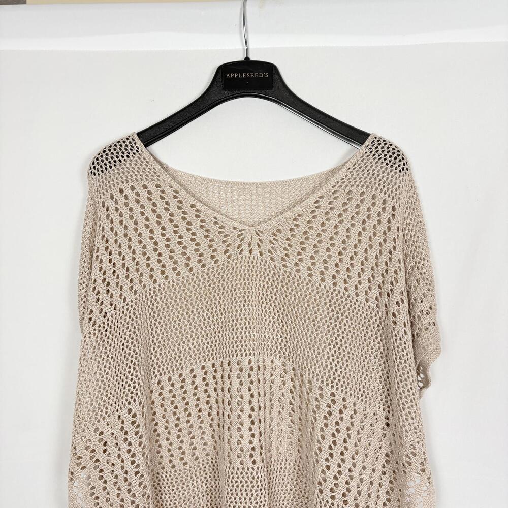 Tan Open Knit Block Lightweight V-Neck Oversized Reversible Short Sleeve Poncho - Picture 5 of 6